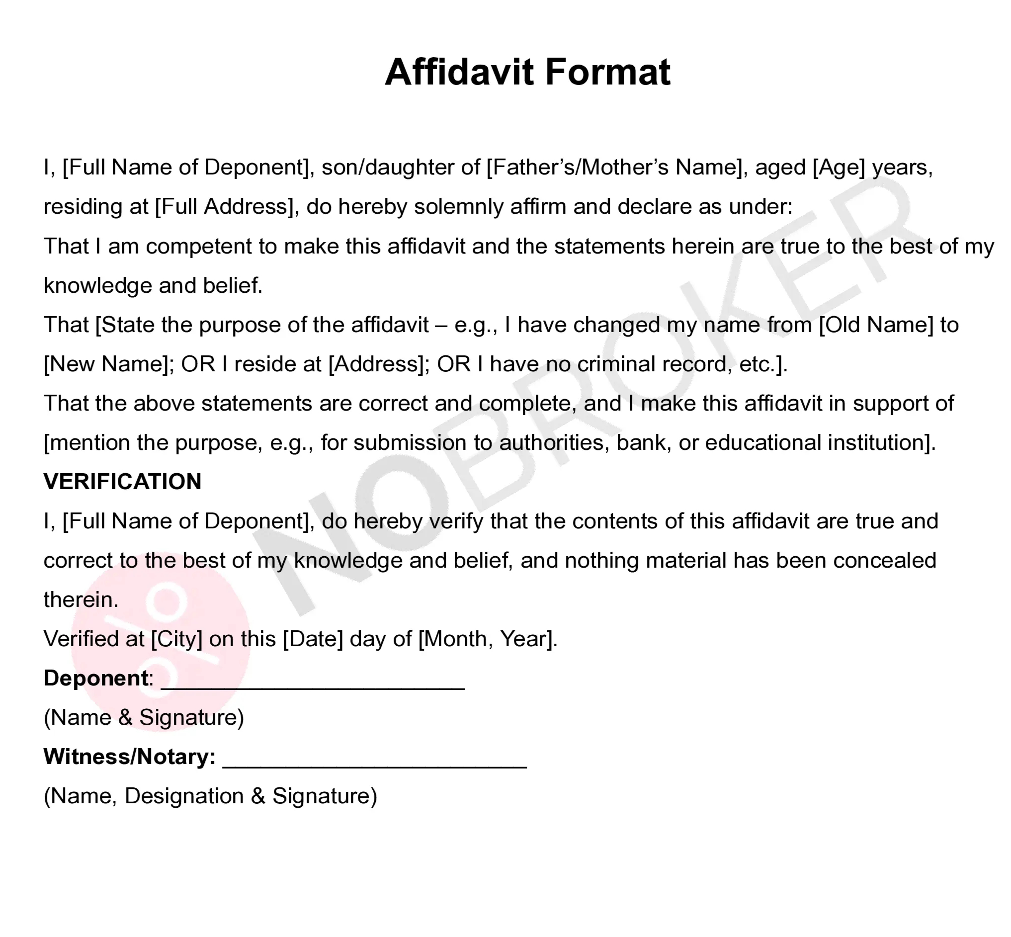 Affidavit format sample showing declaration, verification, and signature sections.