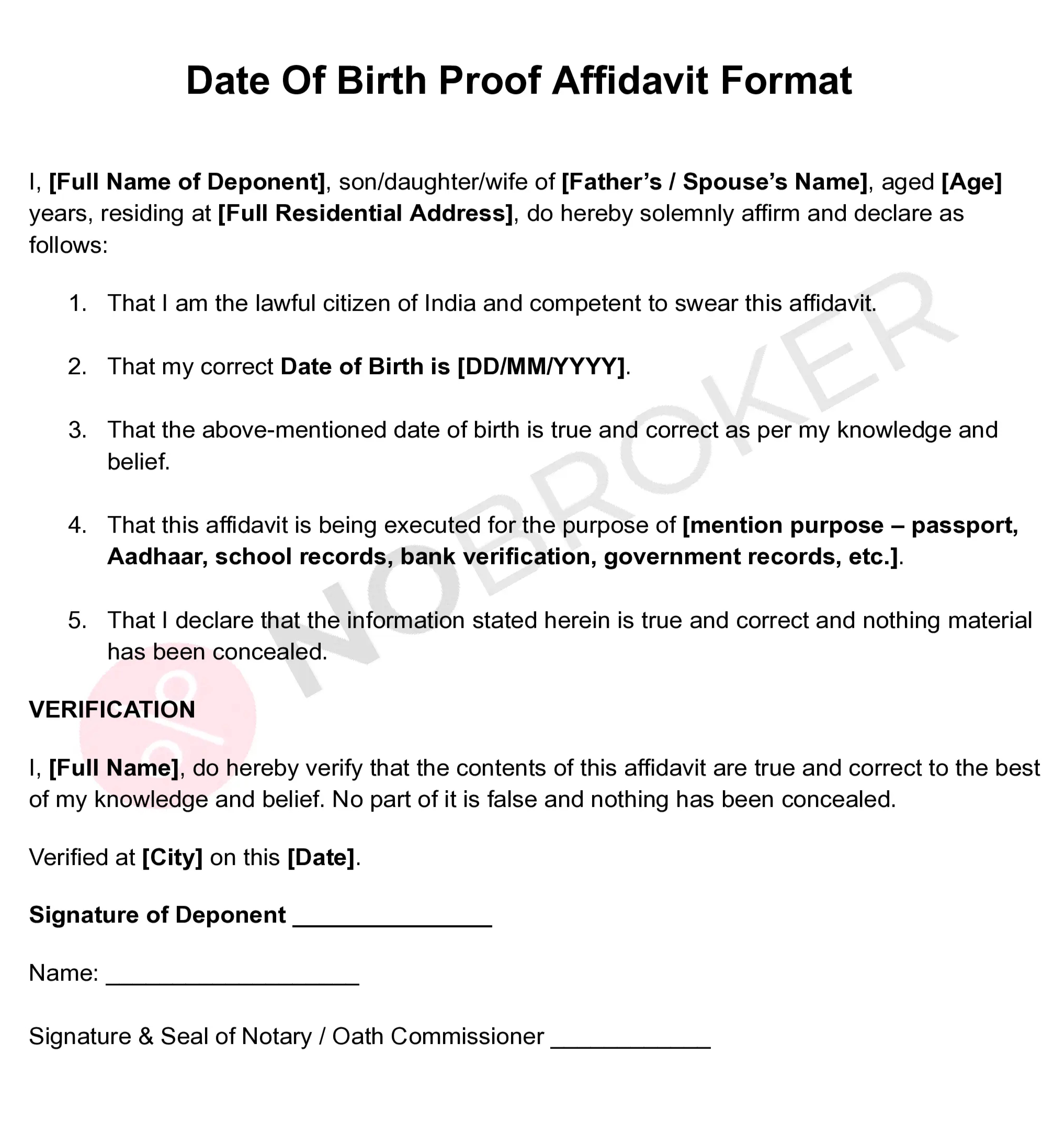 Date of birth proof affidavit format showing declaration and verification.