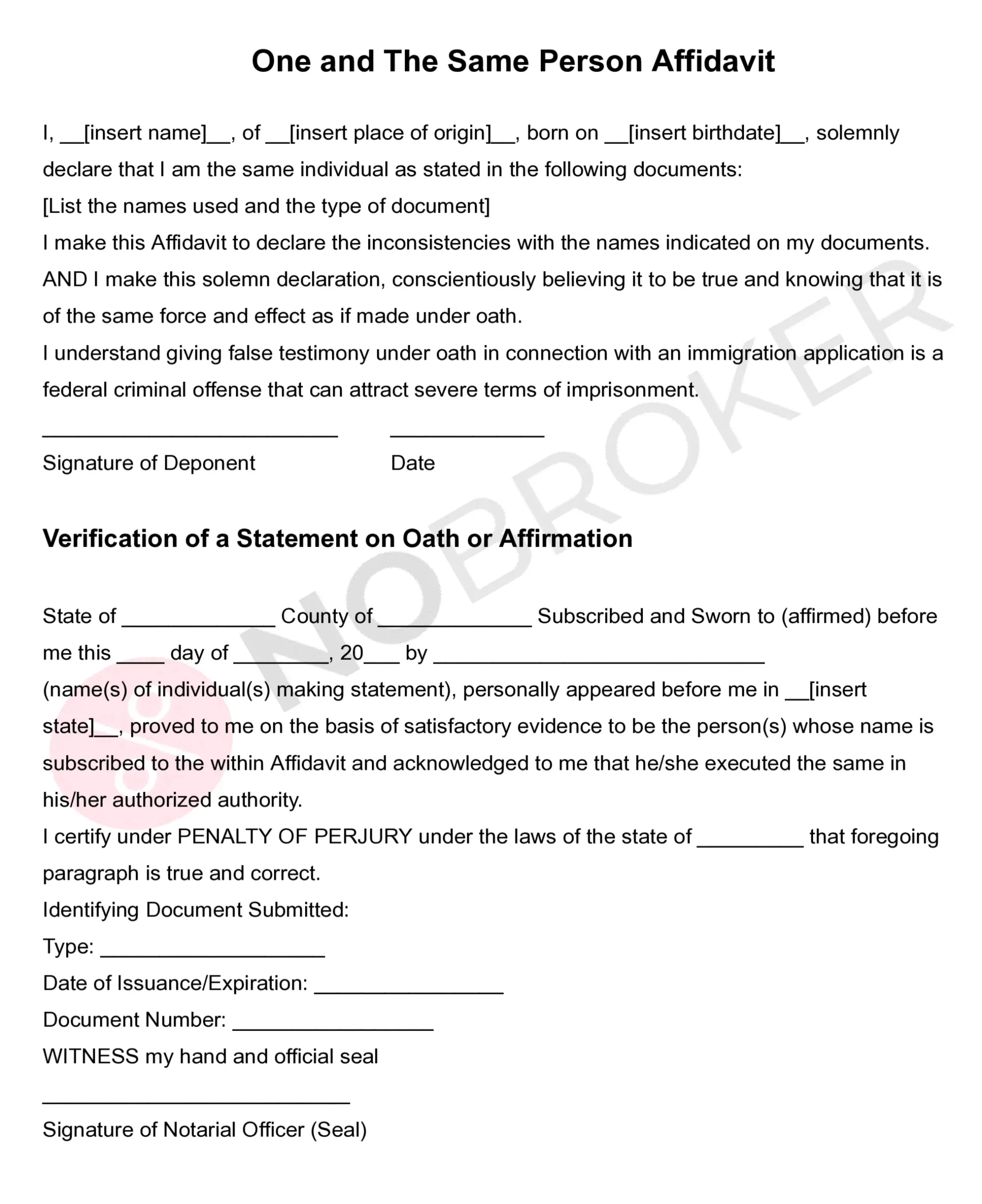 Legal affidavit format for one and same person with declaration and signature fields.