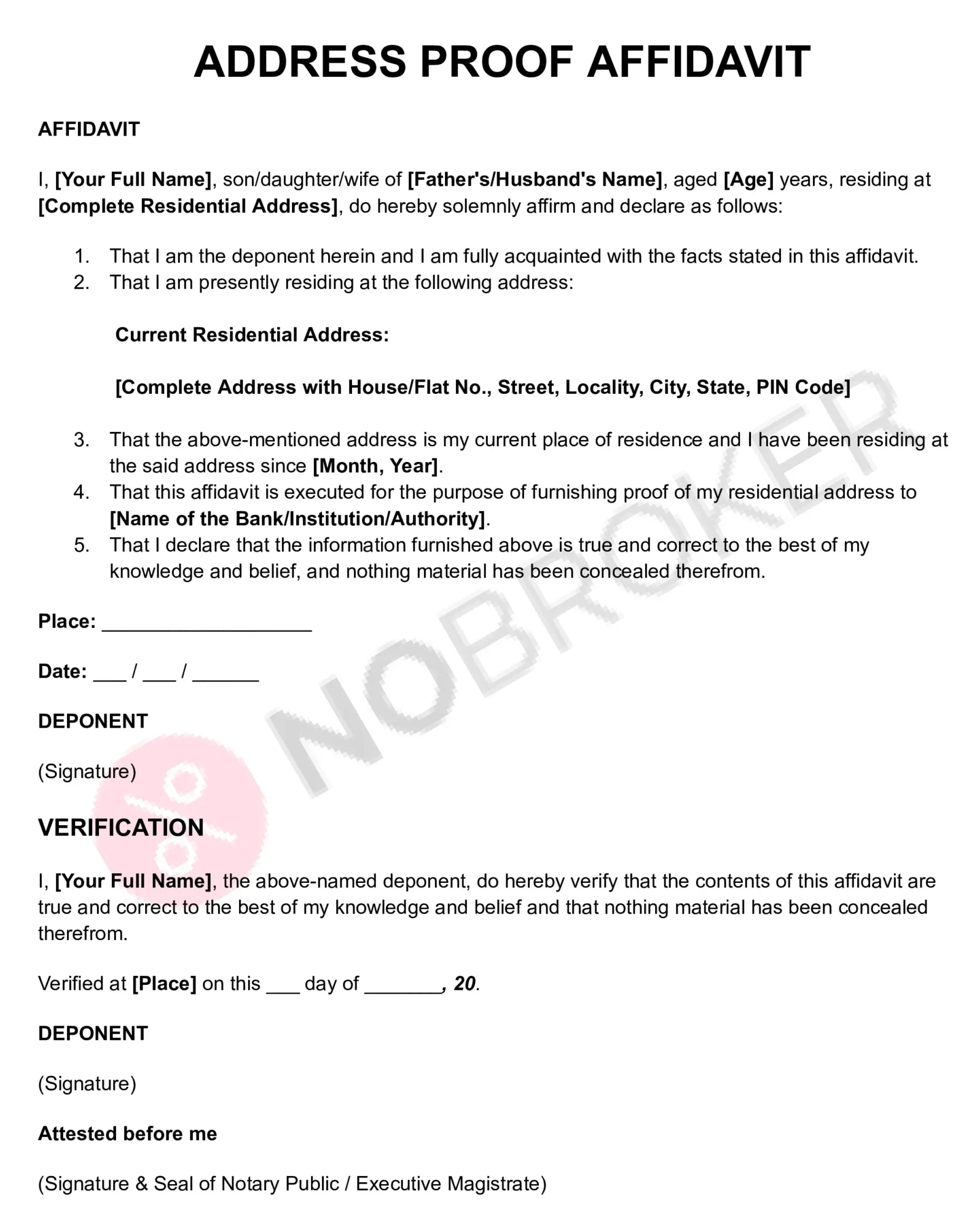 Address proof affidavit template with placeholders for personal details, current residential address, declaration, verification, signature, and notary attestation.
