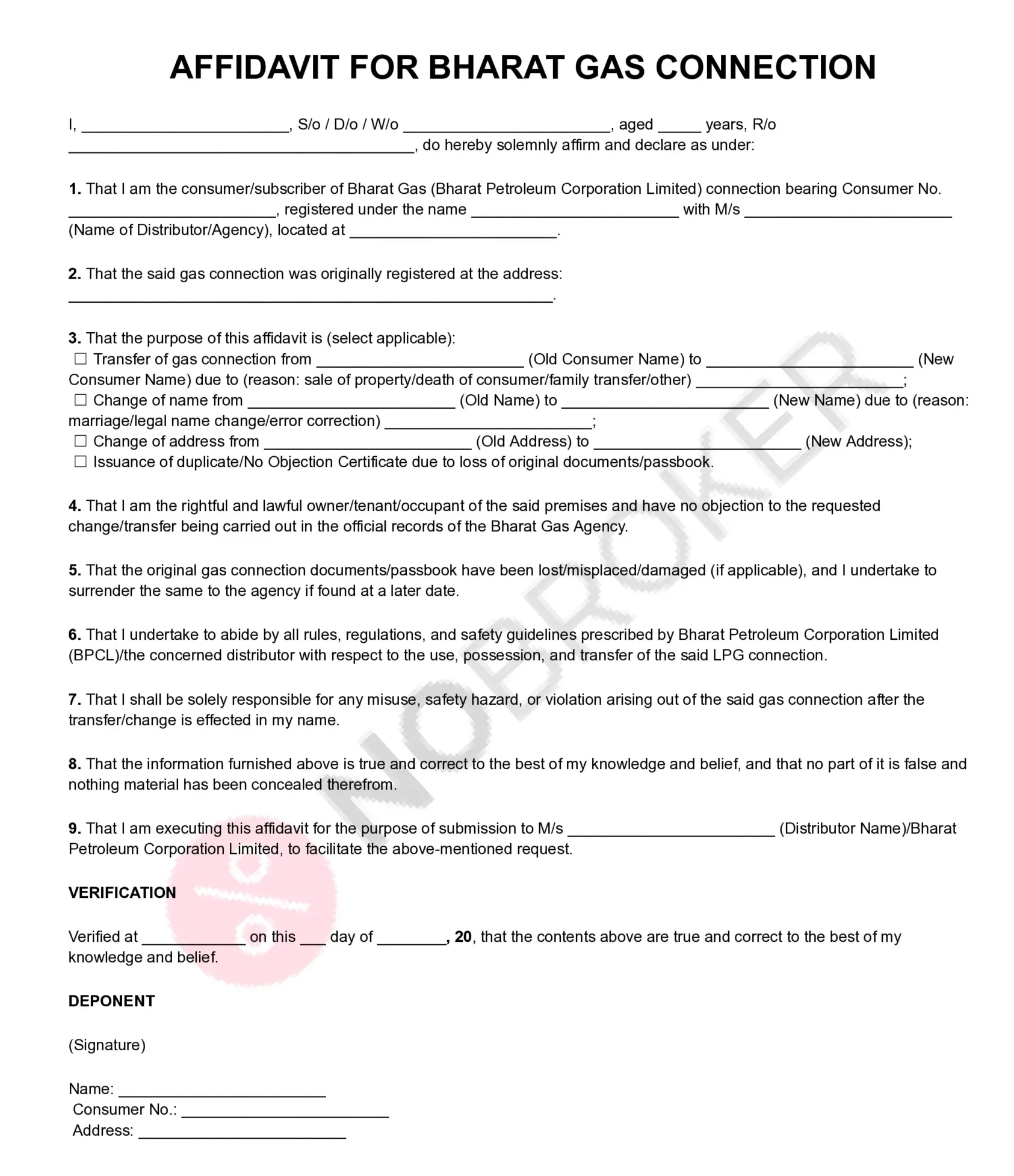 Affidavit form for Bharat Gas Connection with blank fields for applicant and consumer details, options for transfer, name/address change or duplicate documents, verification section
