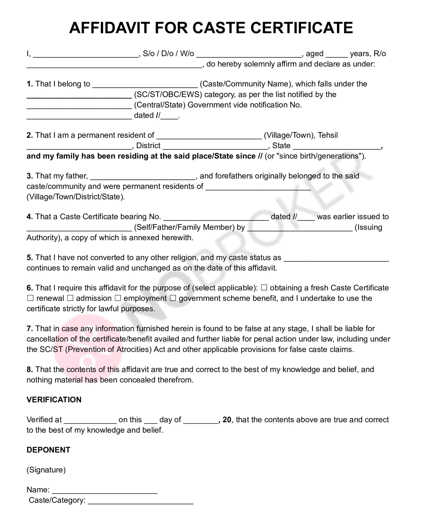 Affidavit for caste certificate template with placeholders for personal, caste and residence details, declaration, verification, signature, and applicant information.