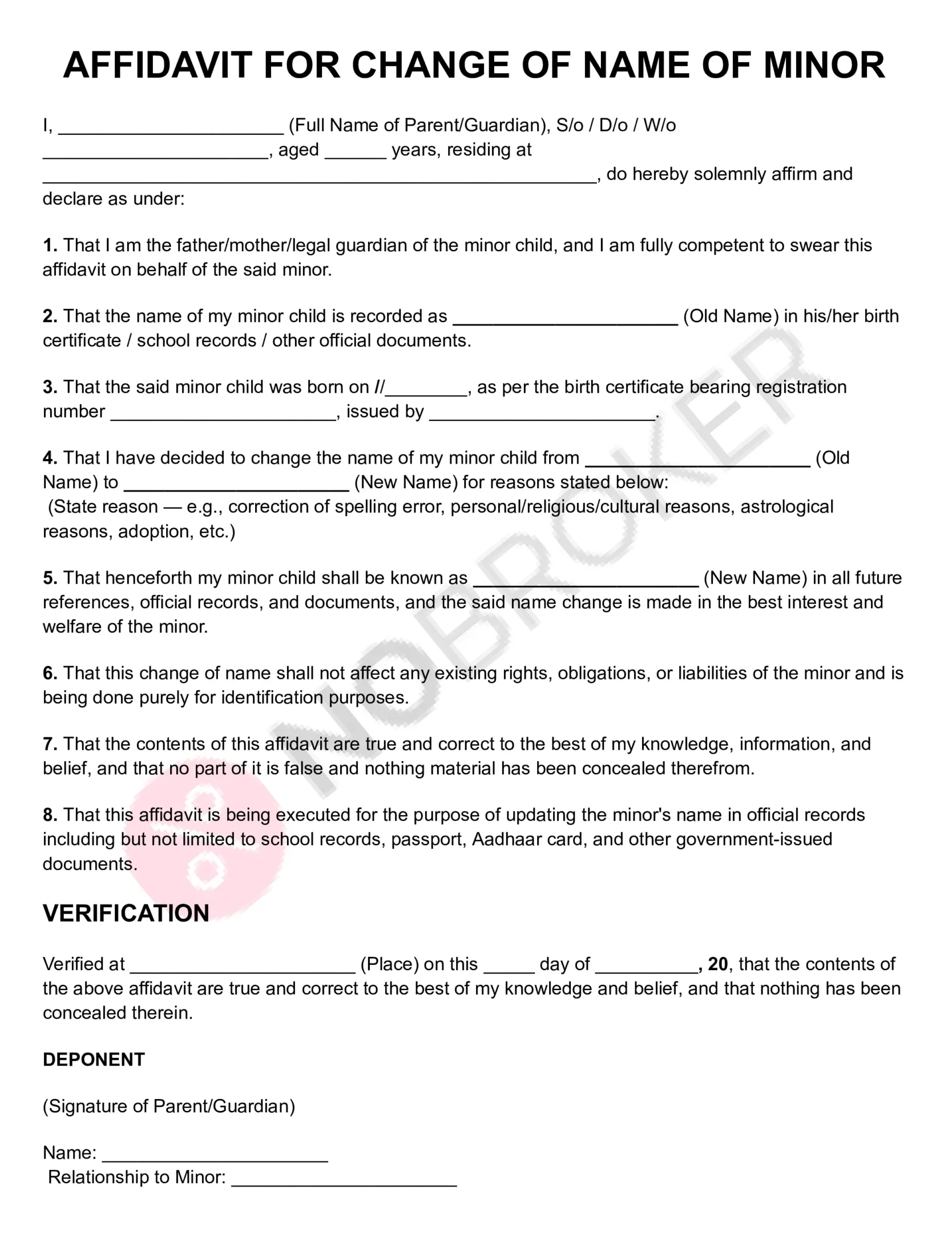 Affidavit template for change of a minor’s name with parent or guardian details, old and new name declarations, verification, and signature section.