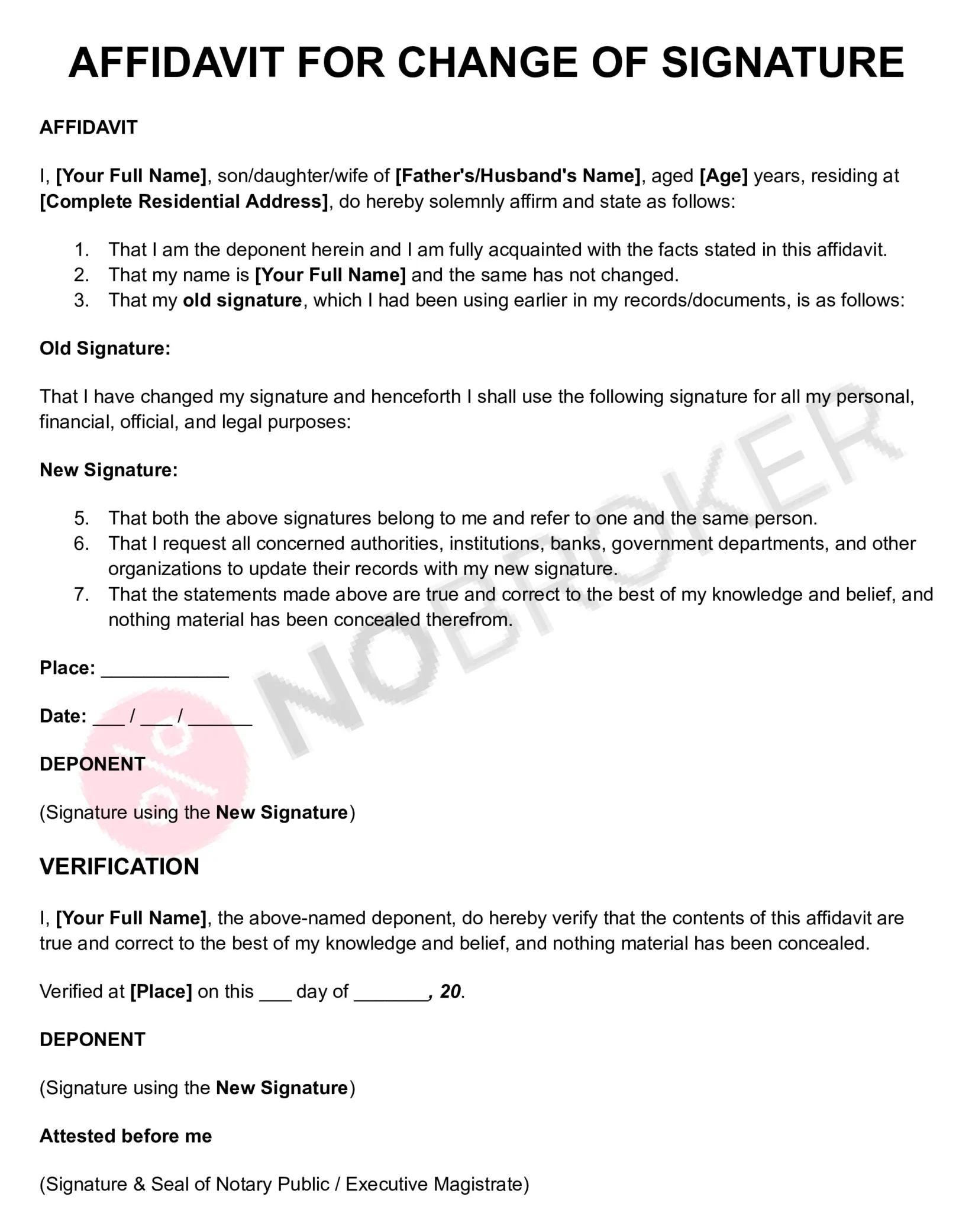 Affidavit template for change of signature with placeholders for personal details, old and new signatures, verification, and notary attestation.