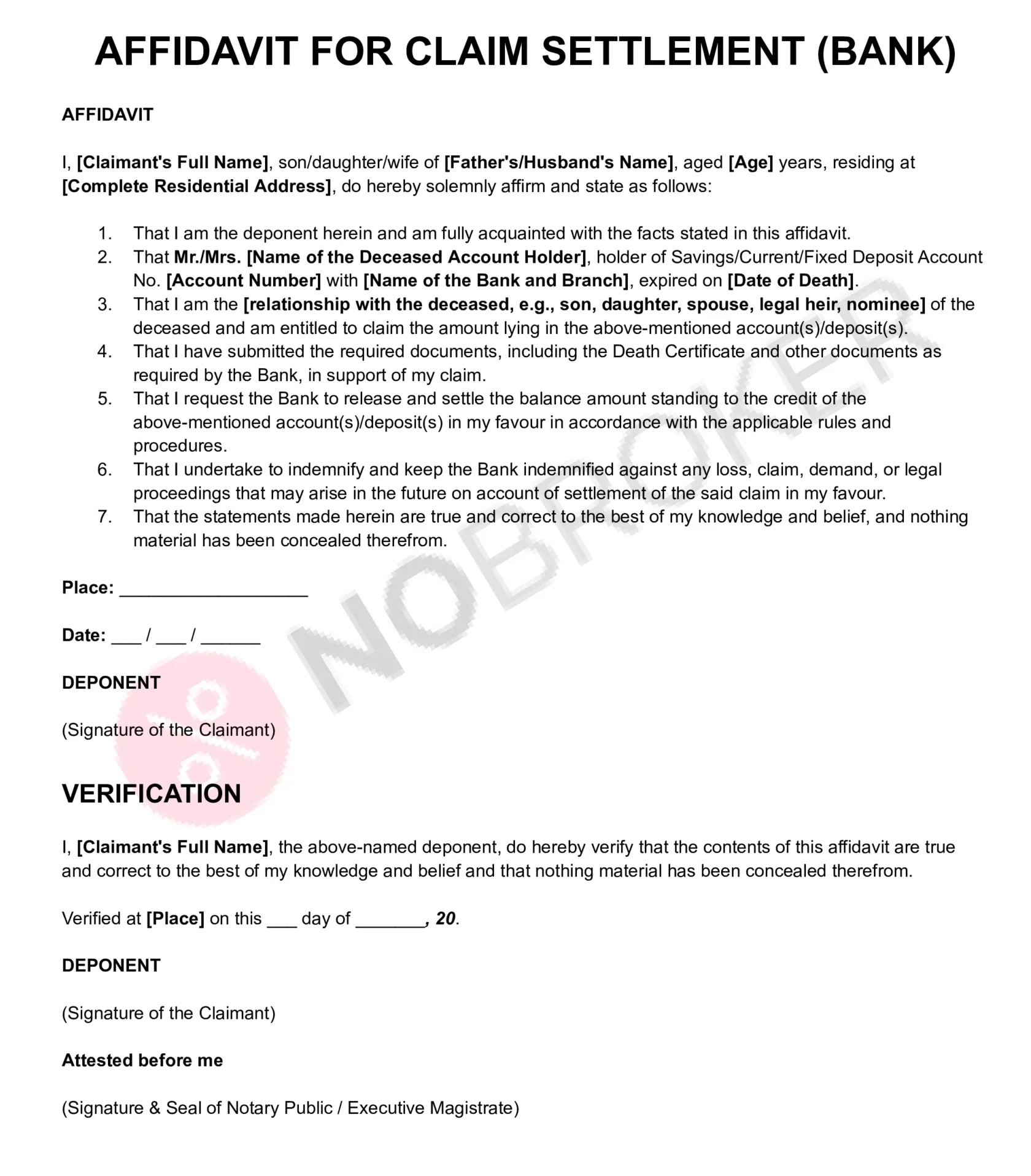 Affidavit for bank claim settlement template with placeholders for claimant, deceased account holder, account details, declaration, verification, signature, and notary attestation.