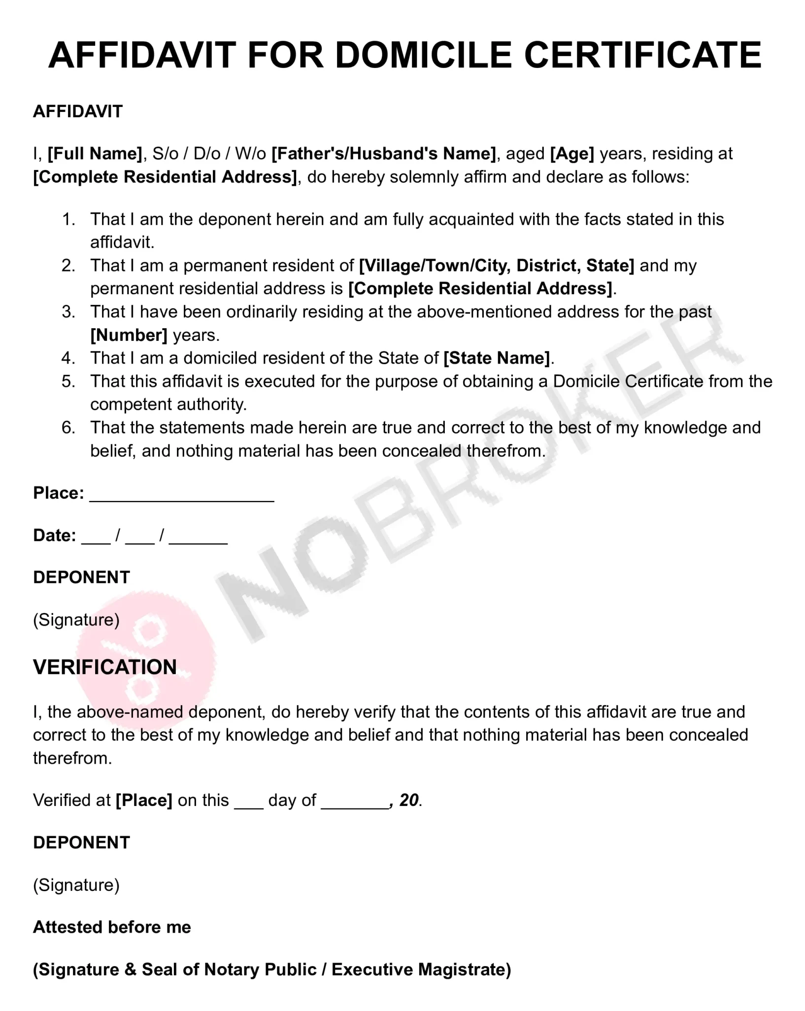 Affidavit for domicile certificate template with placeholders for personal details, residential and domicile information, declaration, verification, signature, and notary attestation.