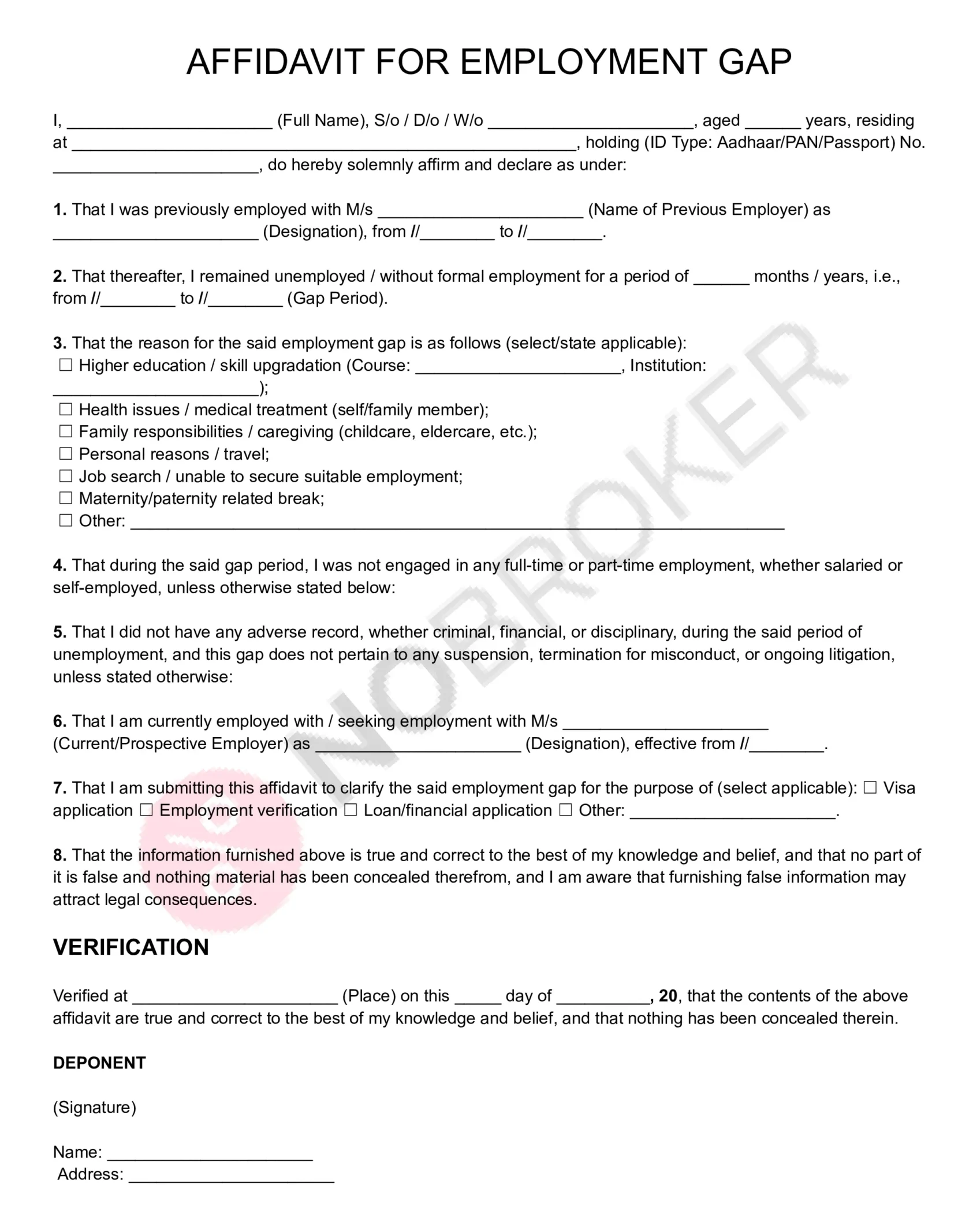 Affidavit for employment gap template with placeholders for personal details, previous employment, gap period and reason, declaration, verification, signature, and contact information.