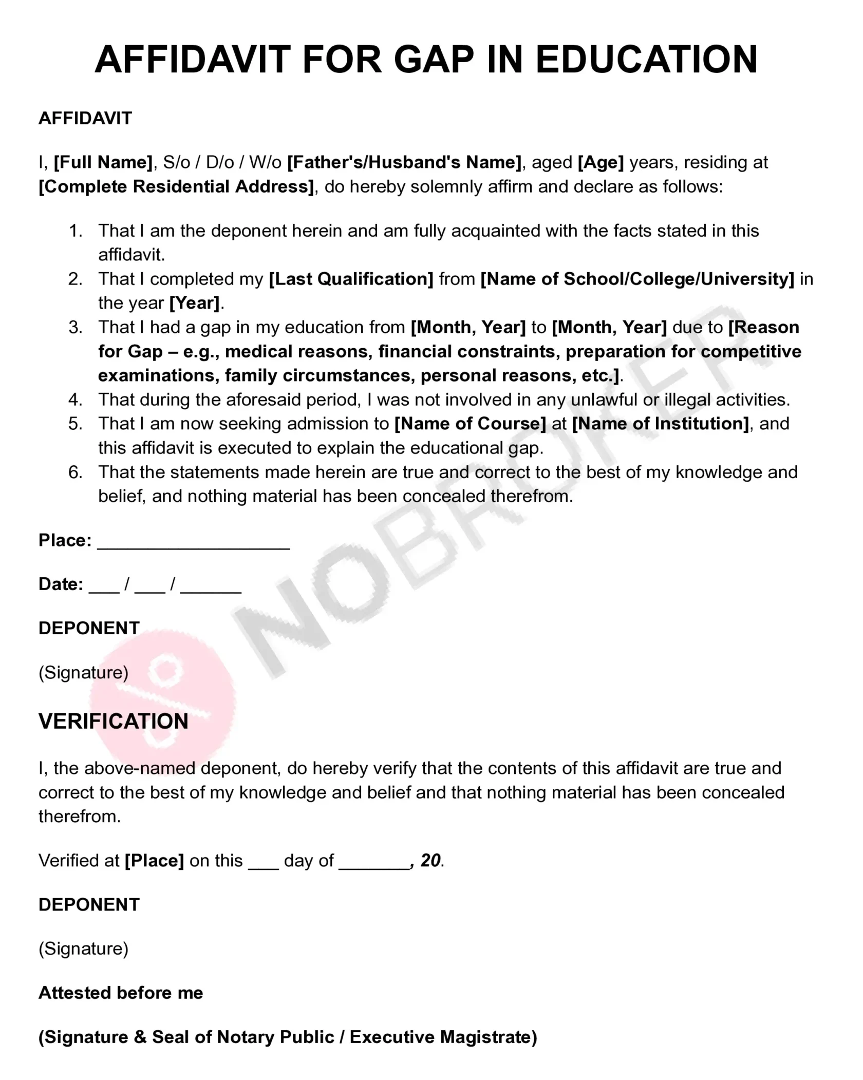 Affidavit for gap in education template with placeholders for personal details, educational history, gap explanation, declaration, verification, signature, and notary attestation.