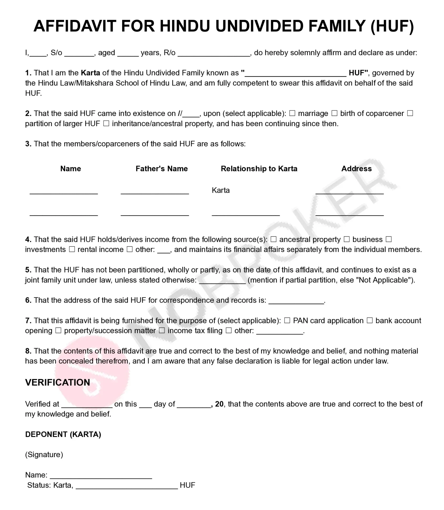 Affidavit for Hindu Undivided Family (HUF) template with placeholders for Karta and HUF details, member information, declaration, verification, signature, and HUF status.