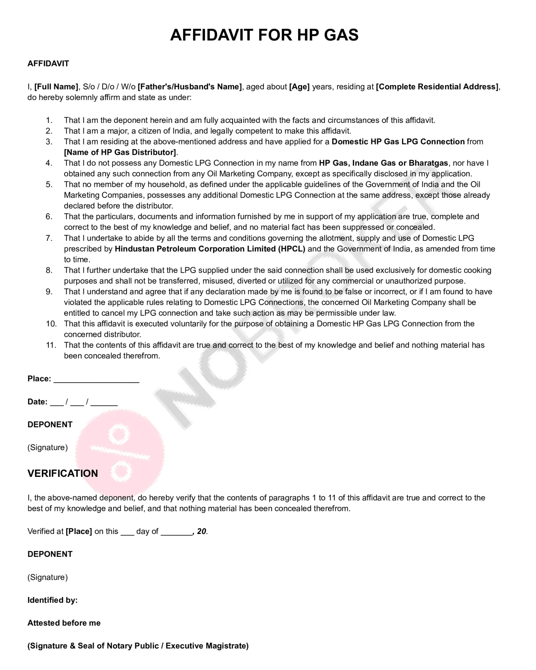 Affidavit for HP Gas domestic LPG connection template with placeholders for personal details, LPG eligibility declarations, verification, signature, and notary attestation.