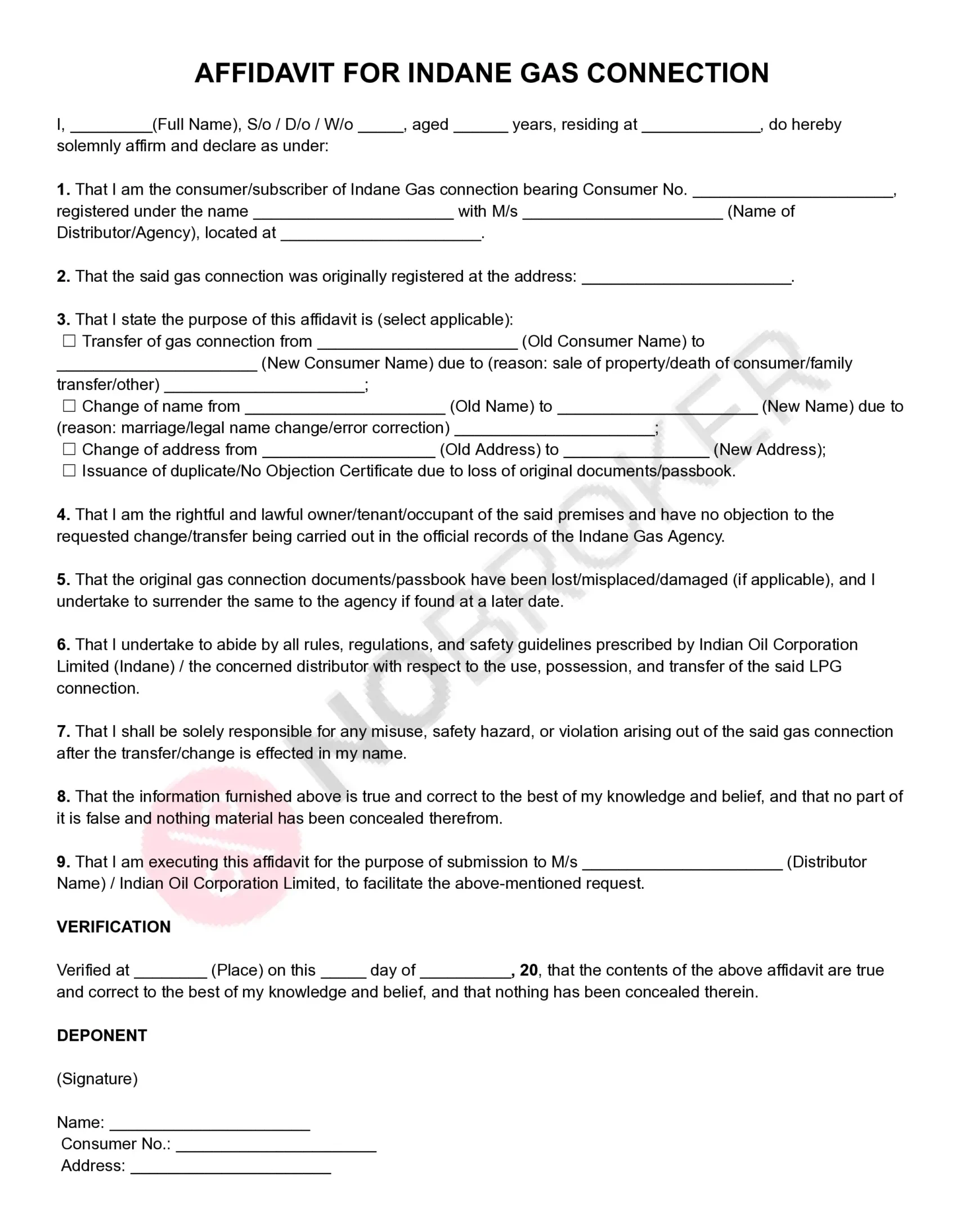 Affidavit for Indane Gas connection template with placeholders for consumer details, connection transfer or change requests, declaration, verification, signature, and distributor information.