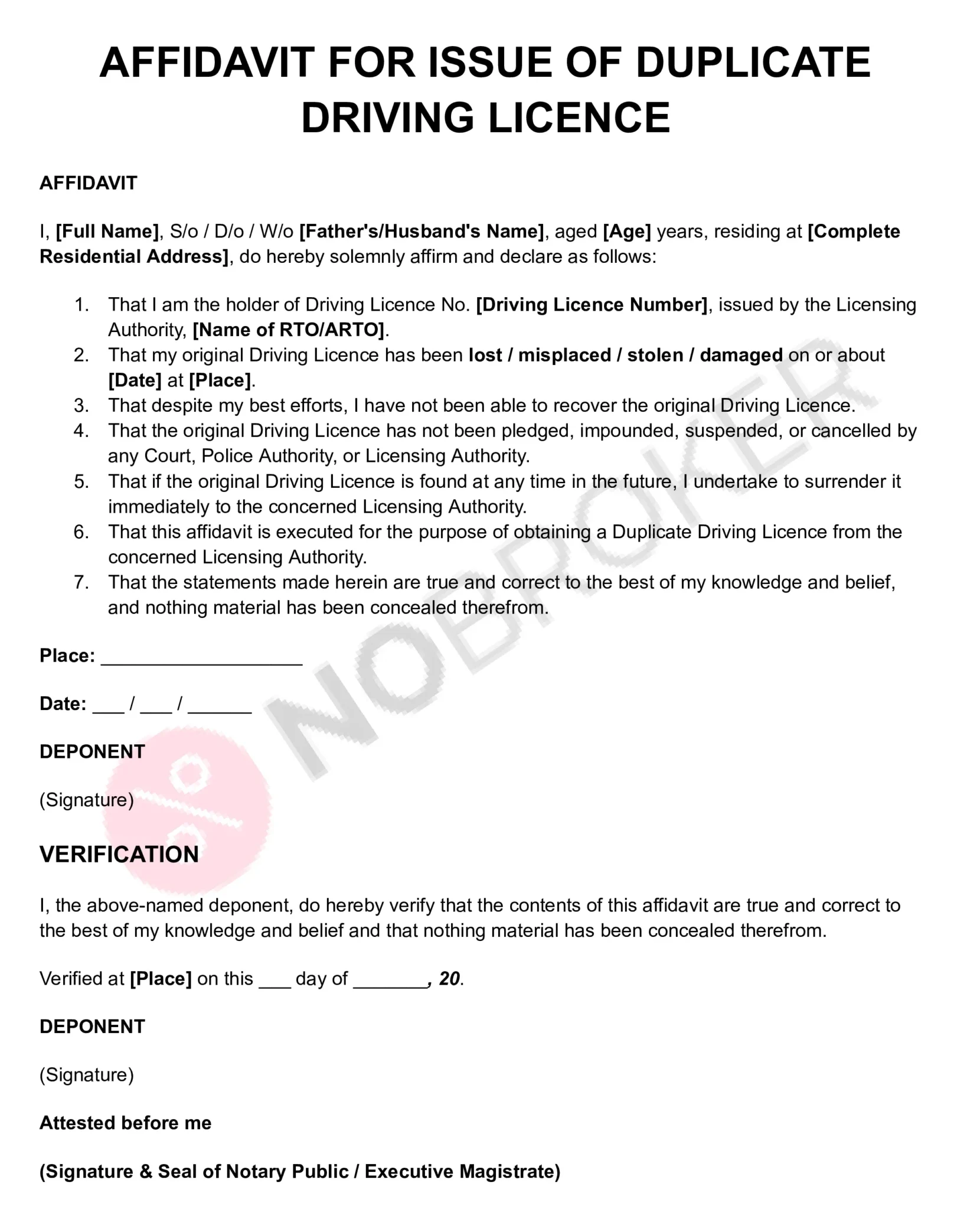 Affidavit for issue of duplicate driving licence template with placeholders for licence details, loss declaration, verification, signature, and notary attestation.