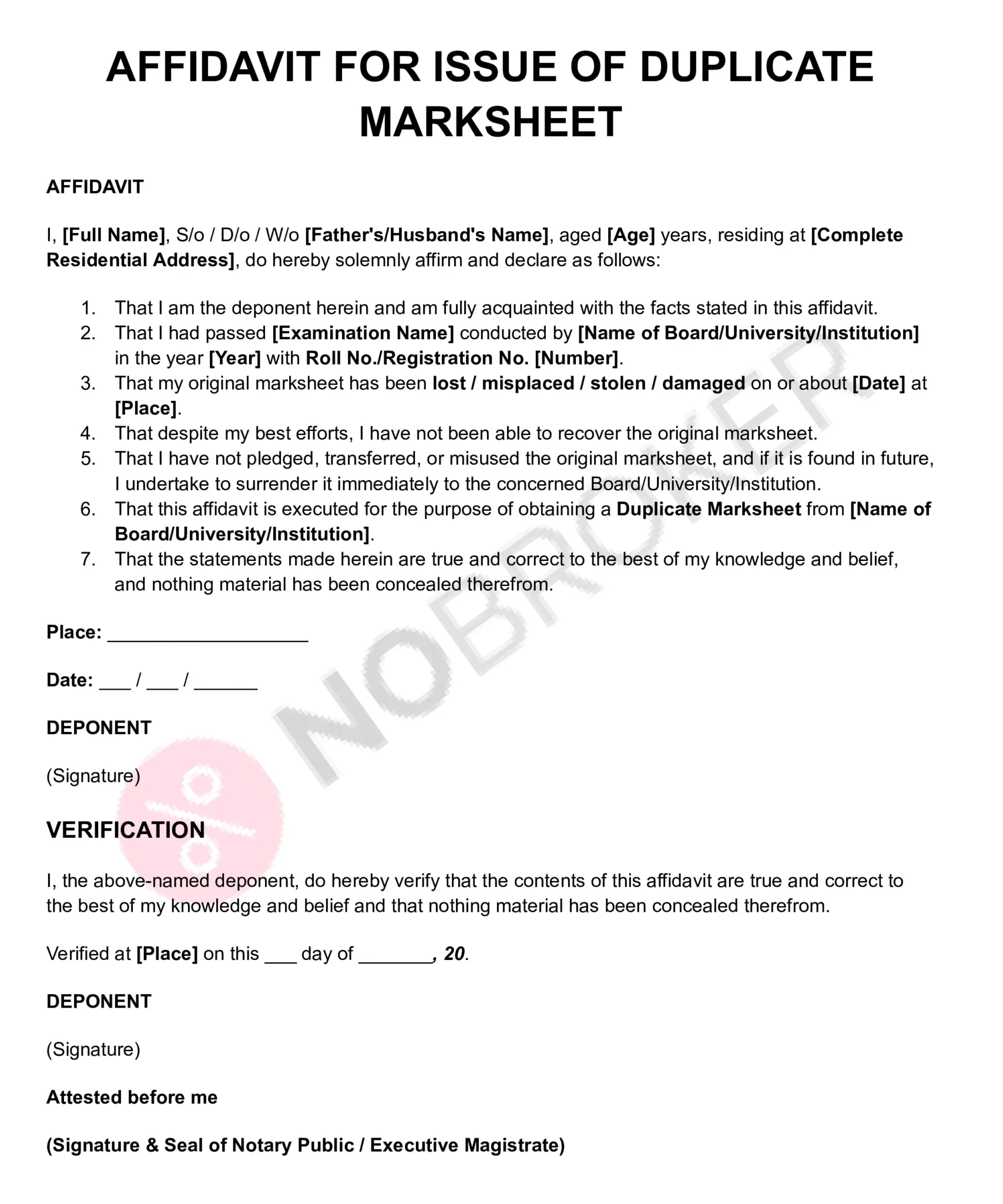 Affidavit for issue of duplicate marksheet template with placeholders for personal details, examination and marksheet information, loss declaration, verification, signature, and notary attestation.
