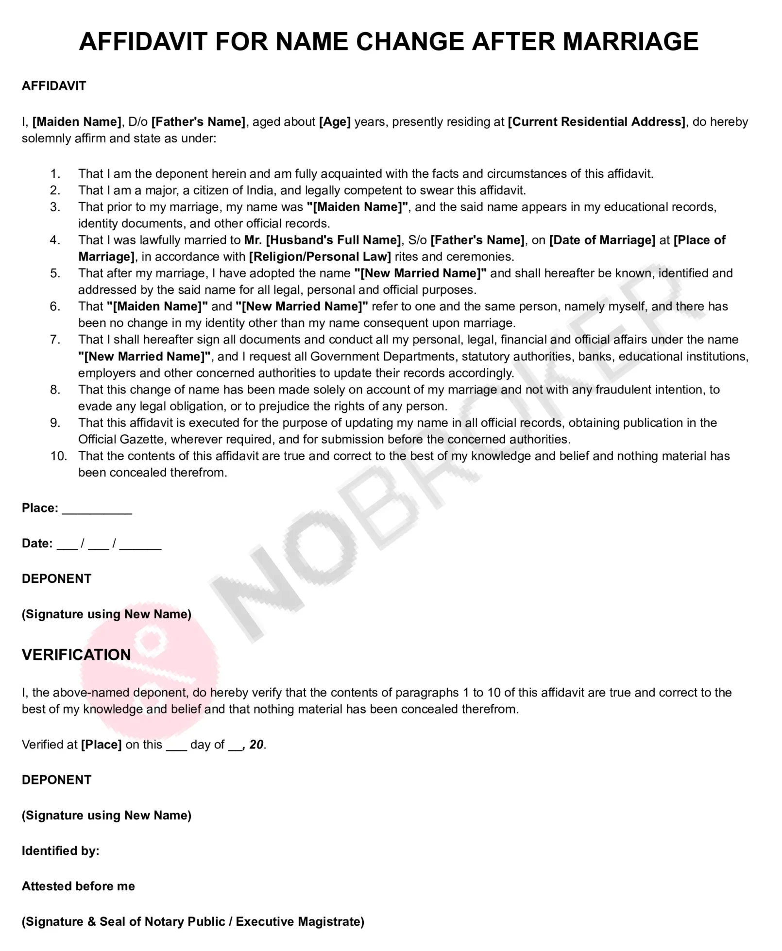 Affidavit for name change after marriage template with placeholders for maiden and married names, marriage details, declaration, verification, signature, and notary attestation.