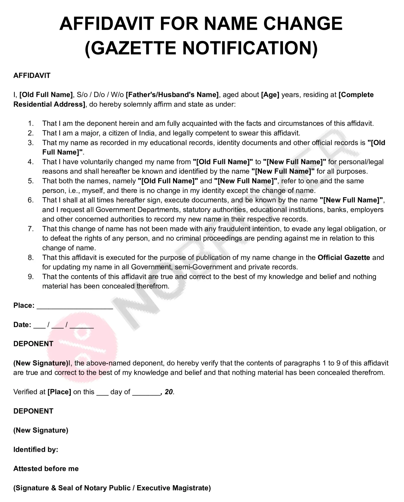 Affidavit template for Gazette name change notification with placeholders for personal details, declaration clauses, signature, and notary attestation.