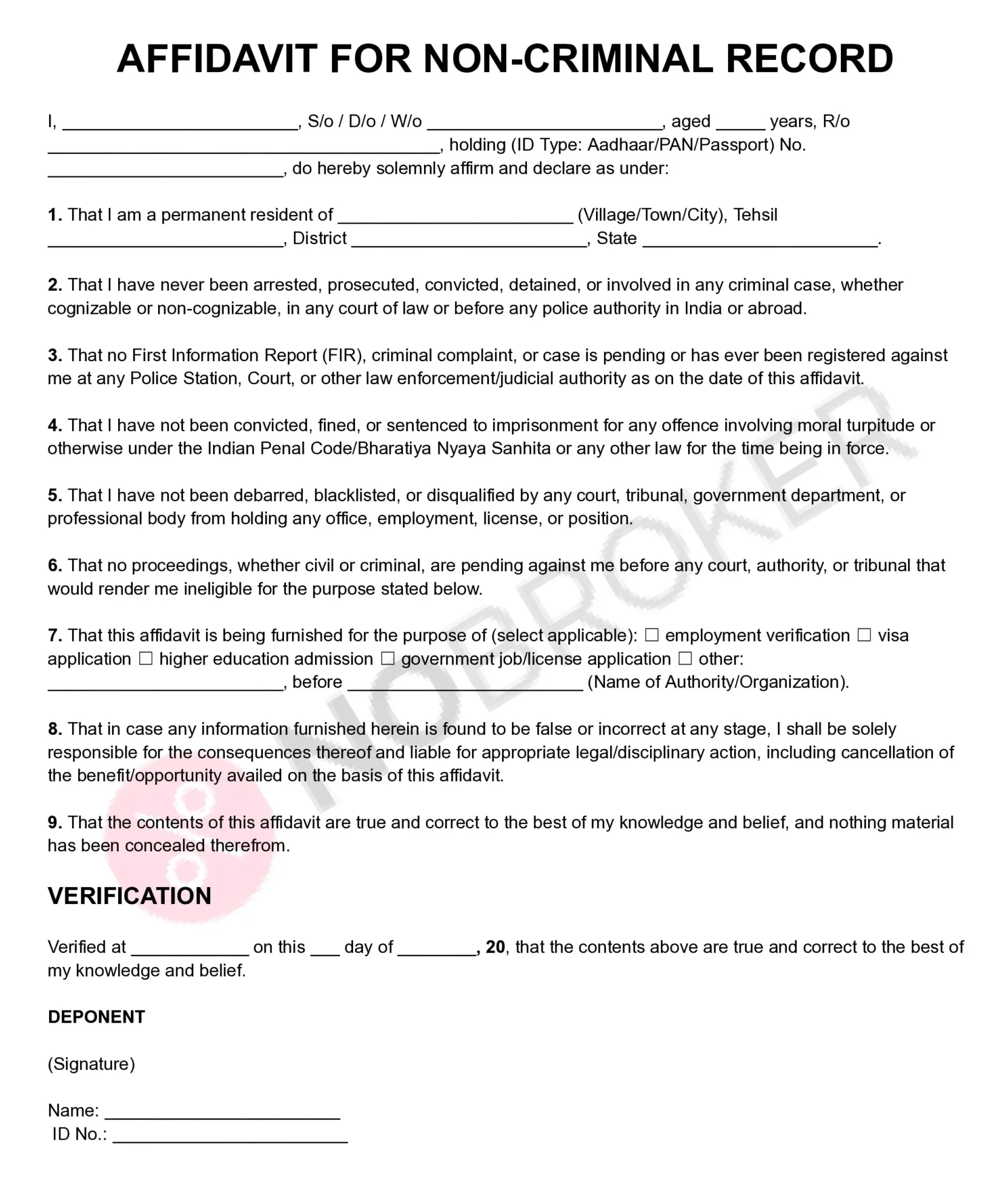 Affidavit for non-criminal record template with placeholders for personal details, declaration of no criminal history, verification, signature, and identification information.