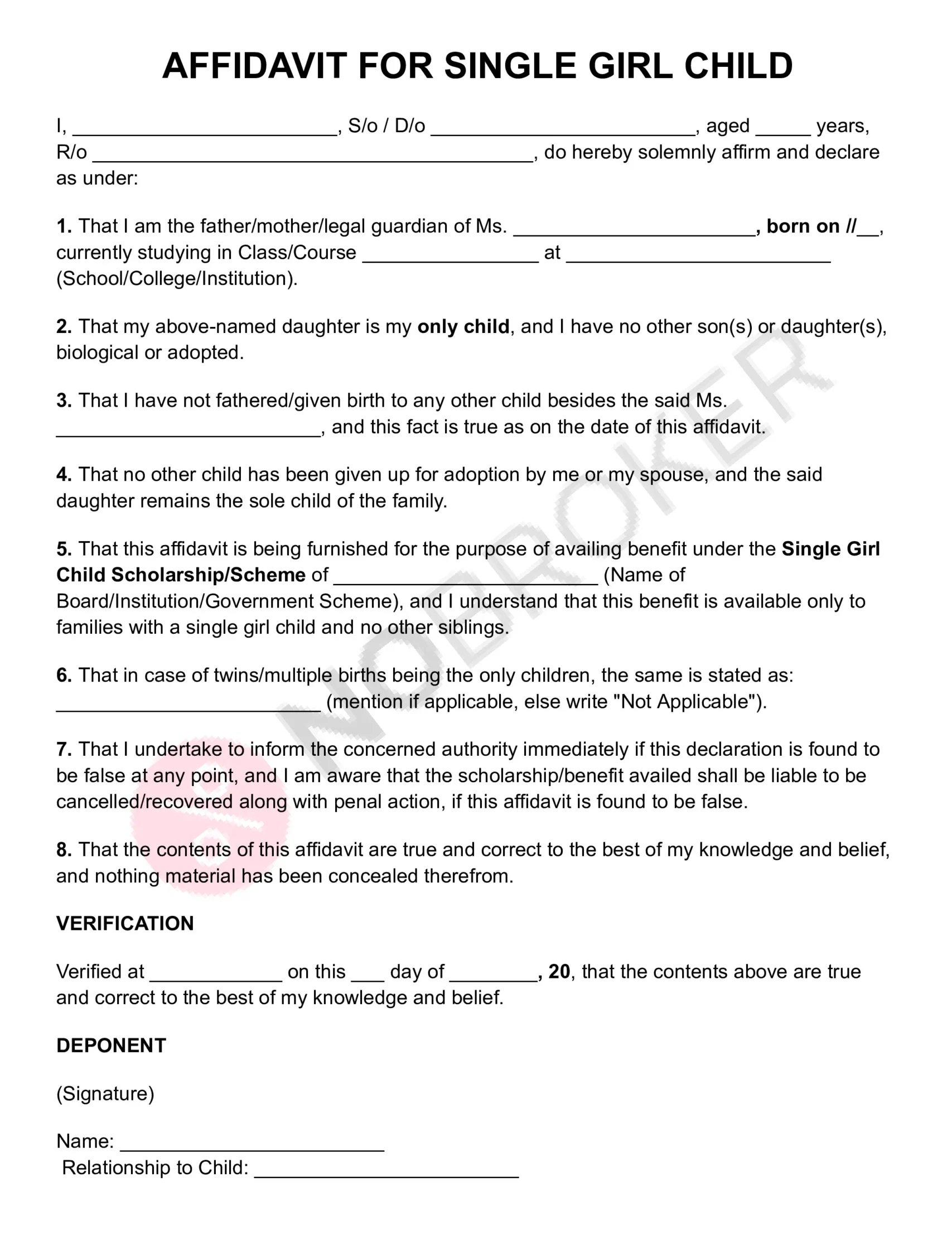 Affidavit for single girl child template with placeholders for parent or guardian details, child information, declaration of single-child status, verification, signature, and relationship details.