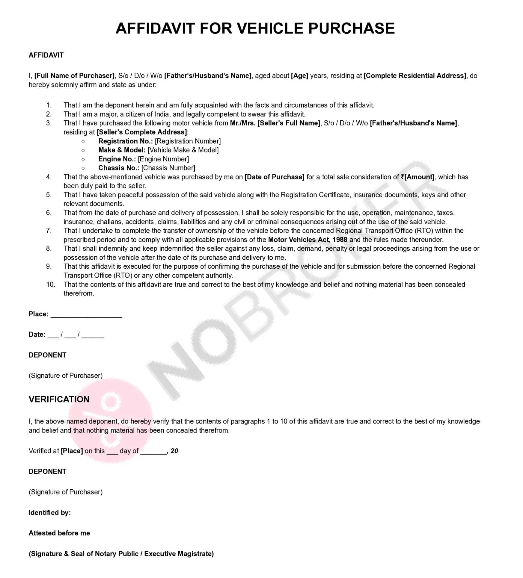 Affidavit for vehicle purchase template with placeholders for purchaser, seller, vehicle details, purchase declaration, verification, signature, and notary attestation.