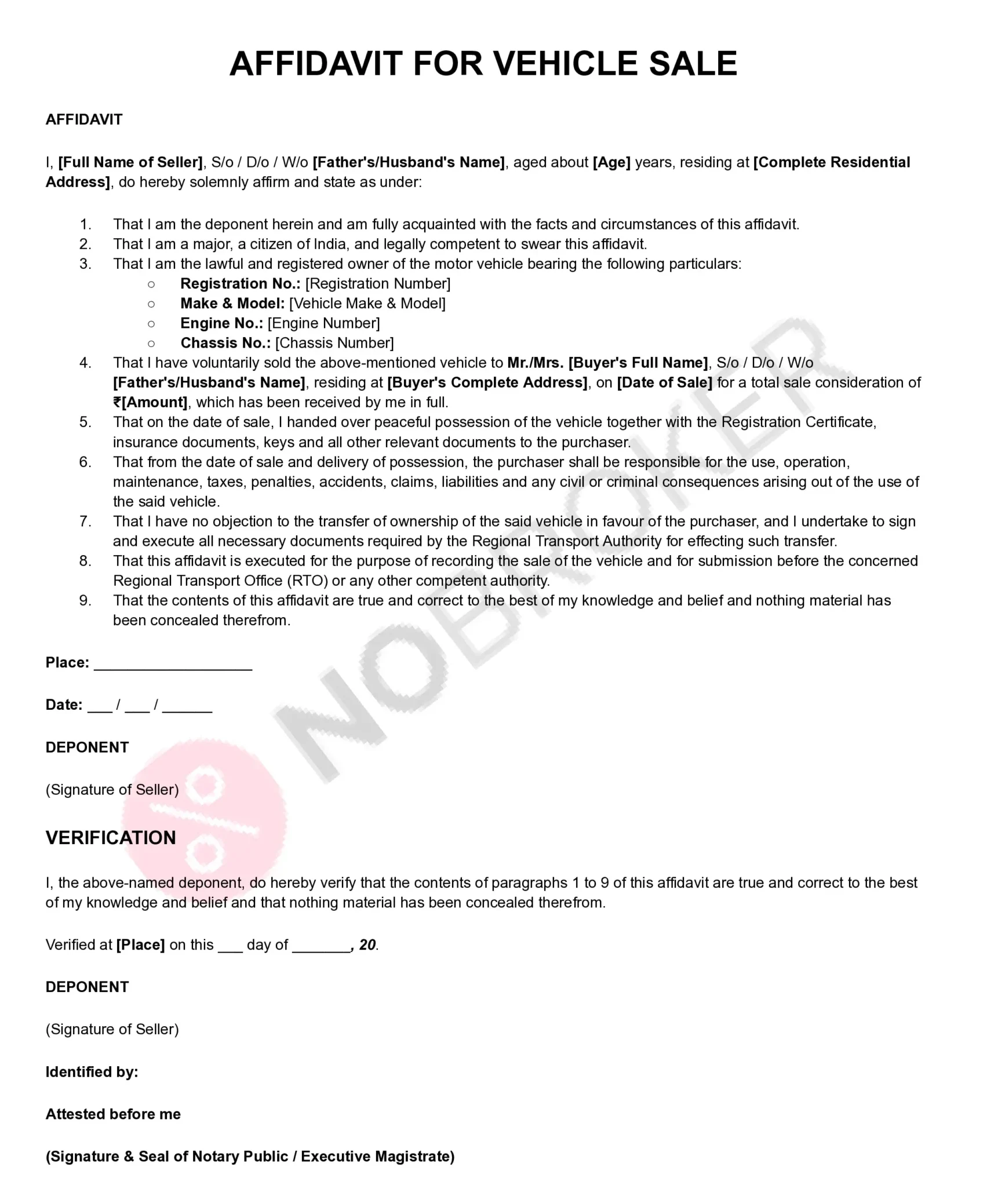 Affidavit for vehicle sale template with placeholders for seller, buyer, vehicle details, sale declaration, verification, signature, and notary attestation.