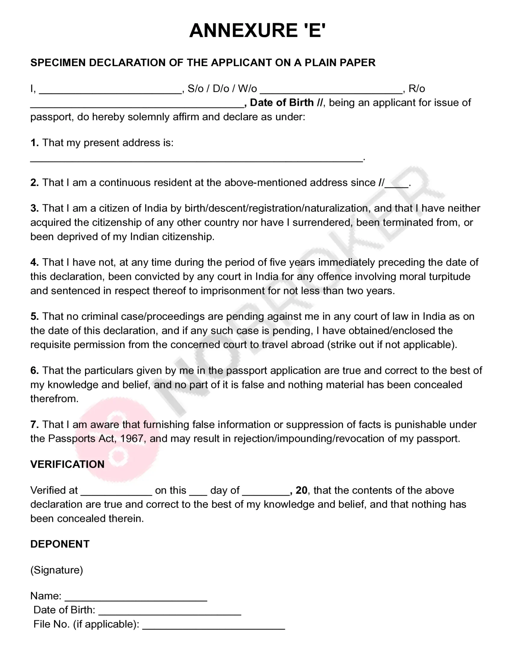 Annexure 'E' passport declaration template with placeholders for applicant details, address, citizenship and criminal record declarations, verification, signature, and personal information.
