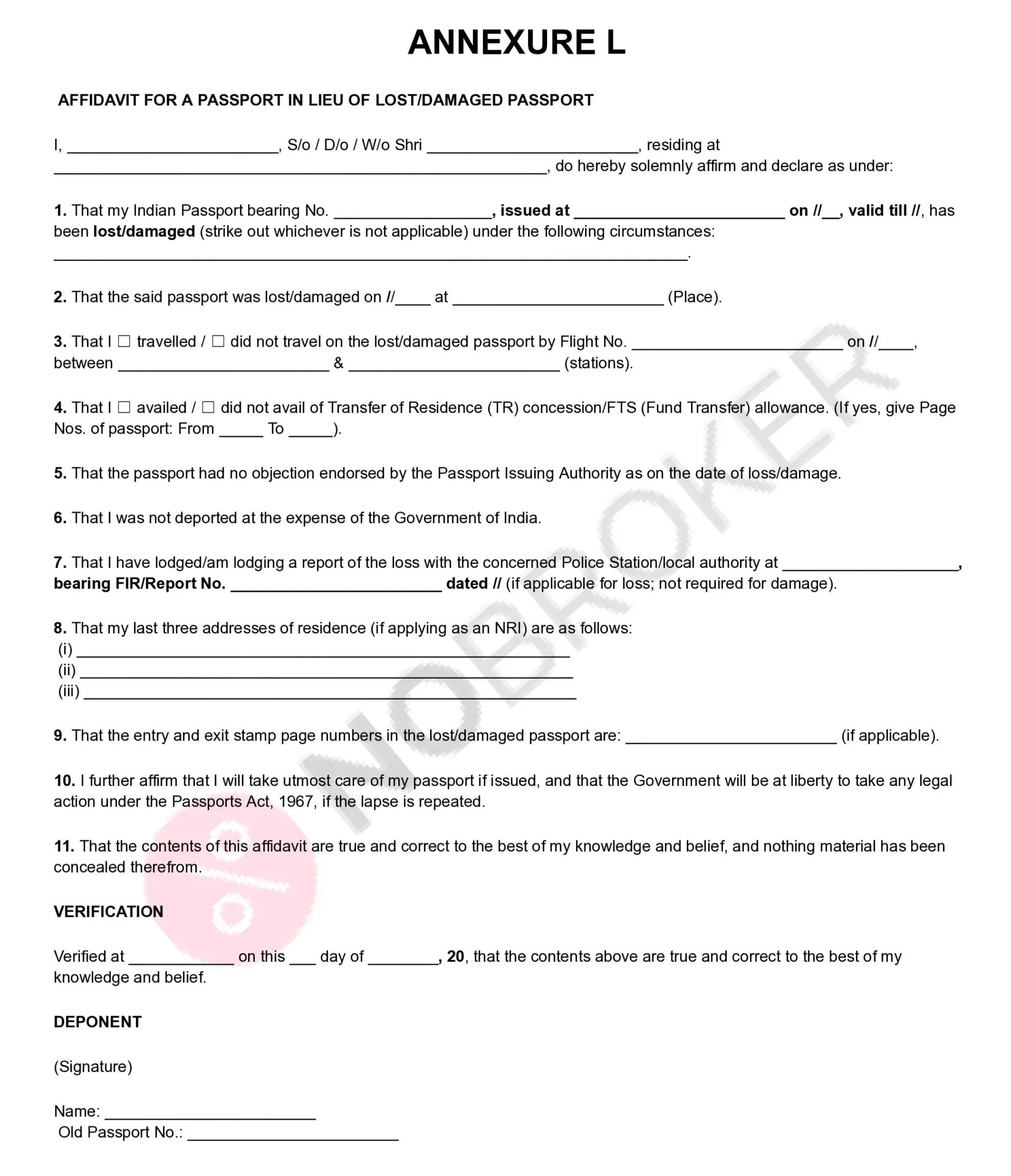 Annexure 'L' passport affidavit template with placeholders for applicant and passport details, declarations regarding lost or damaged passport, verification, signature, and personal information.