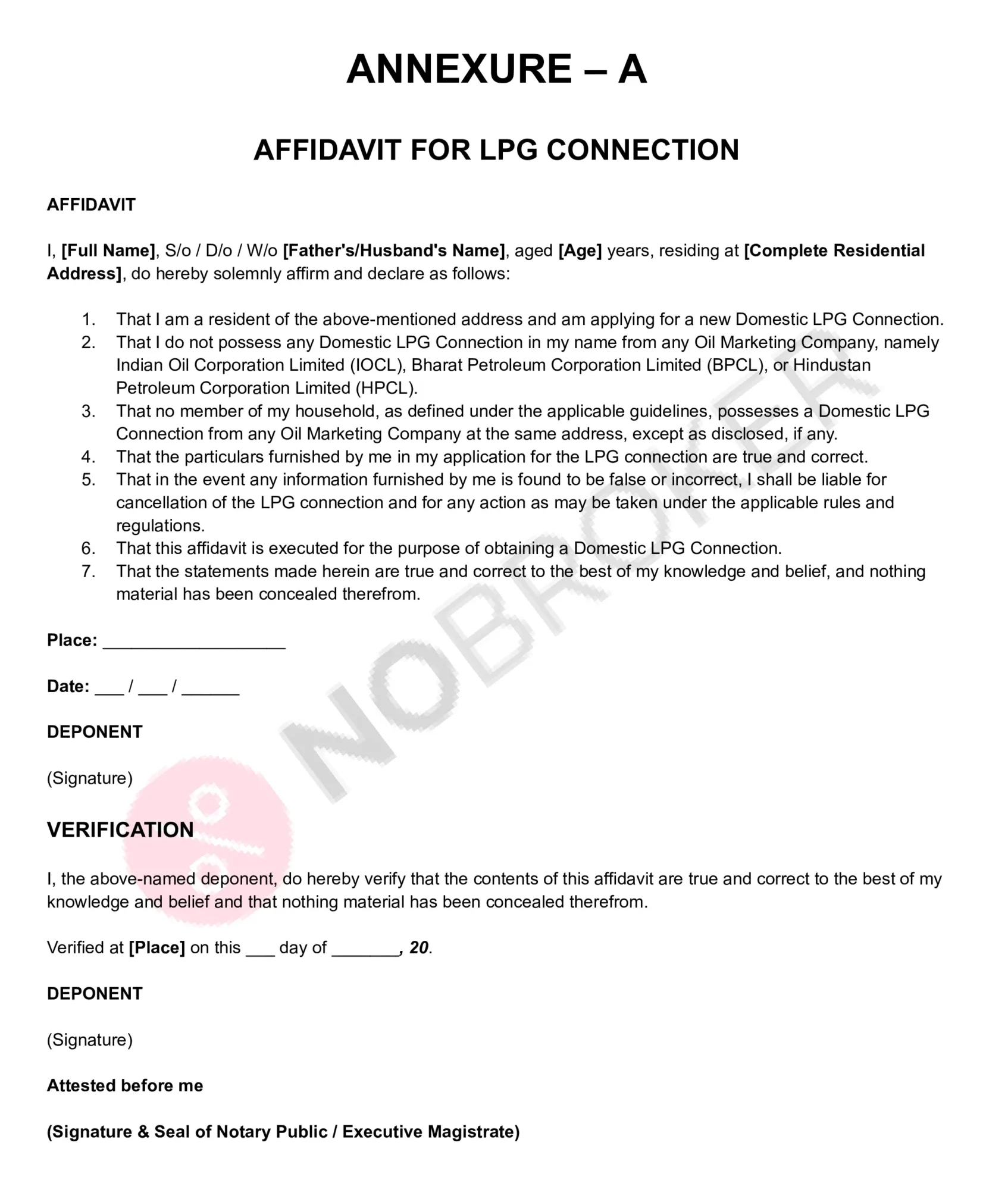 Affidavit for LPG connection template with placeholders for personal details, residential declaration, LPG eligibility statements, verification, signature, and notary attestation.