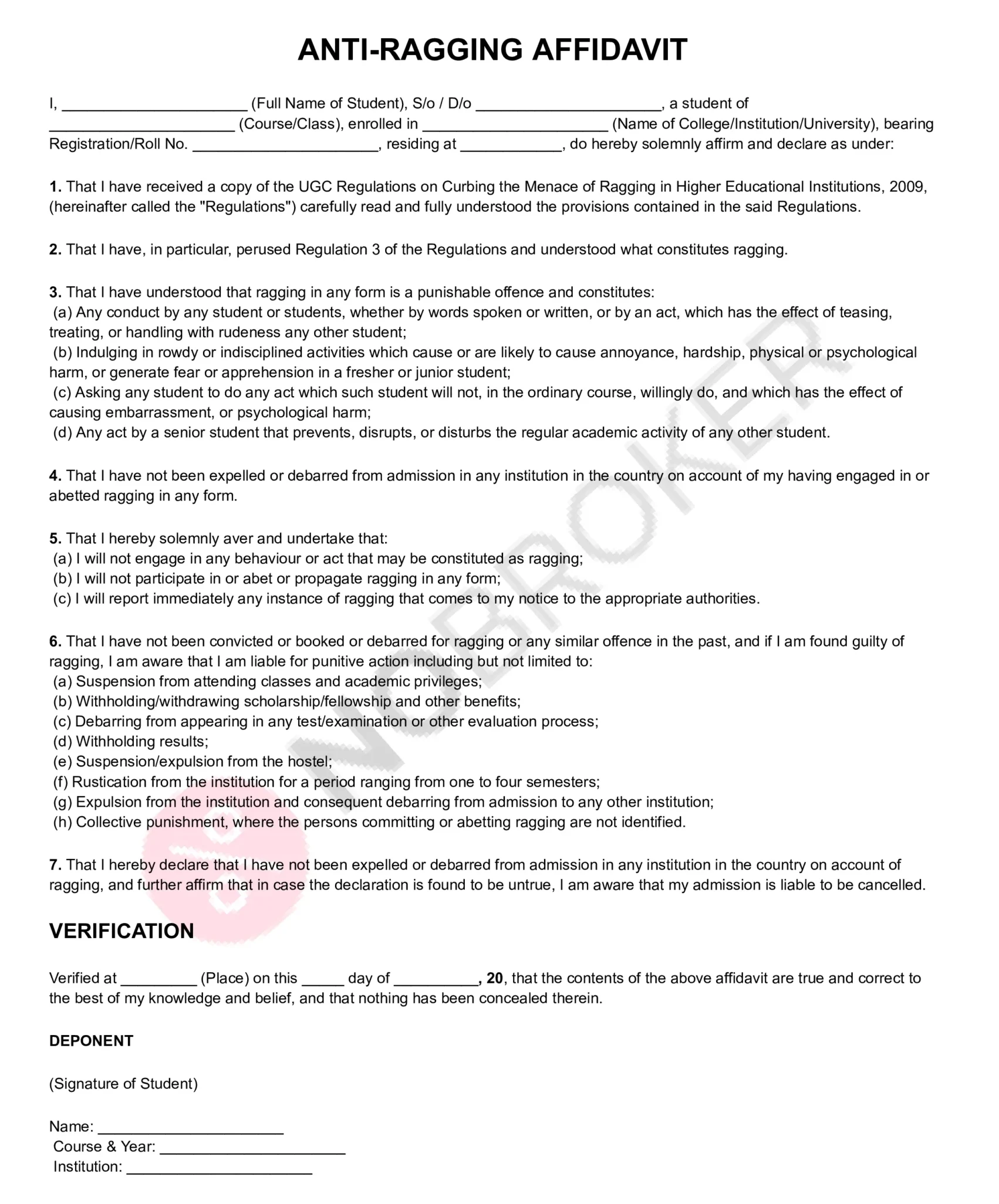 Anti-ragging affidavit template with placeholders for student and institution details, declaration of compliance with UGC regulations, verification, signature, and personal information.