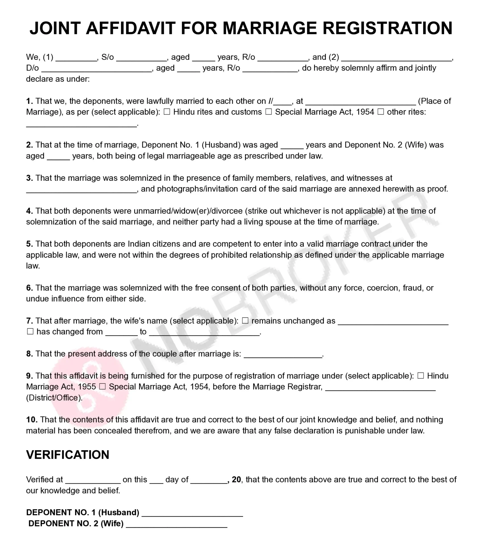 Joint affidavit for marriage registration template with placeholders for both spouses' details, marriage information, declaration, verification, and signature sections.
