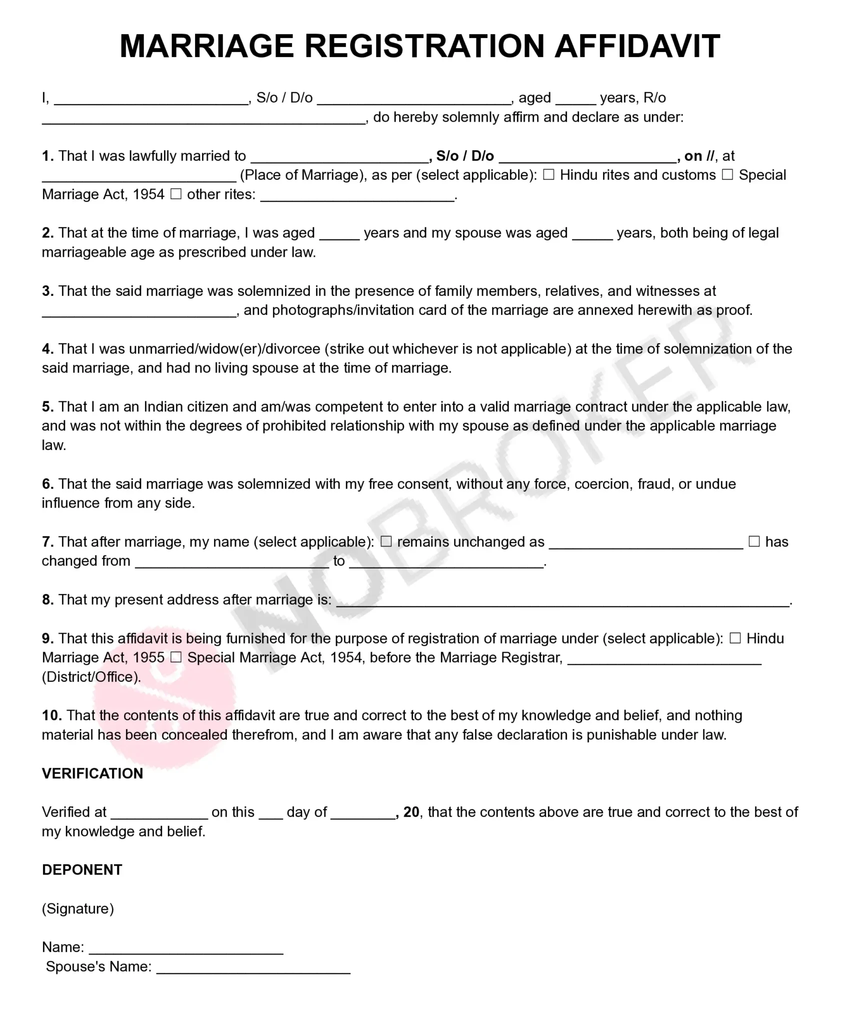 Marriage registration affidavit template with placeholders for personal and spouse details, marriage information, declaration, verification, signature, and spouse information.