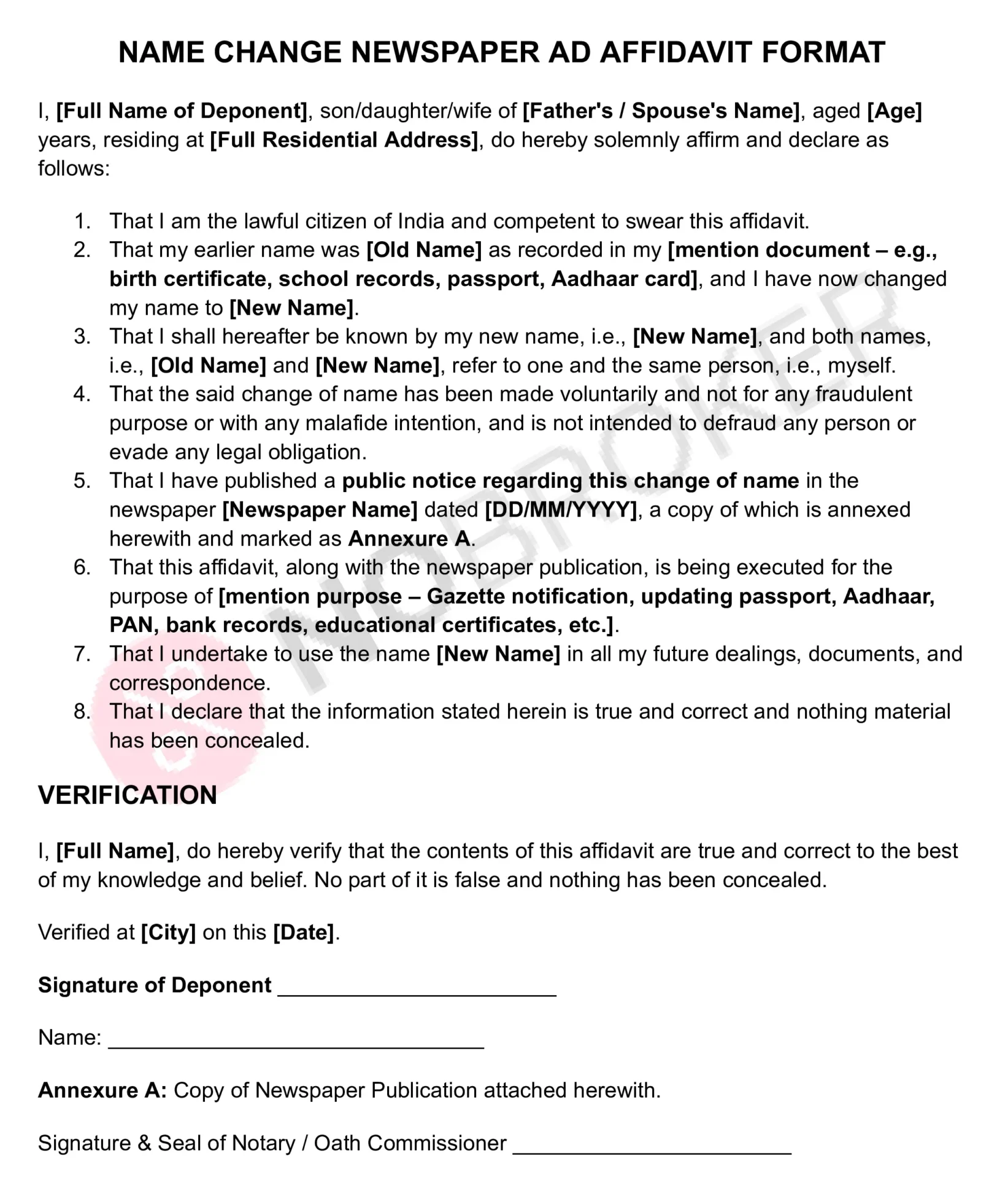 Name change newspaper ad affidavit template with placeholders for personal details, old and new names, publication declaration, verification, signature, and notary attestation.