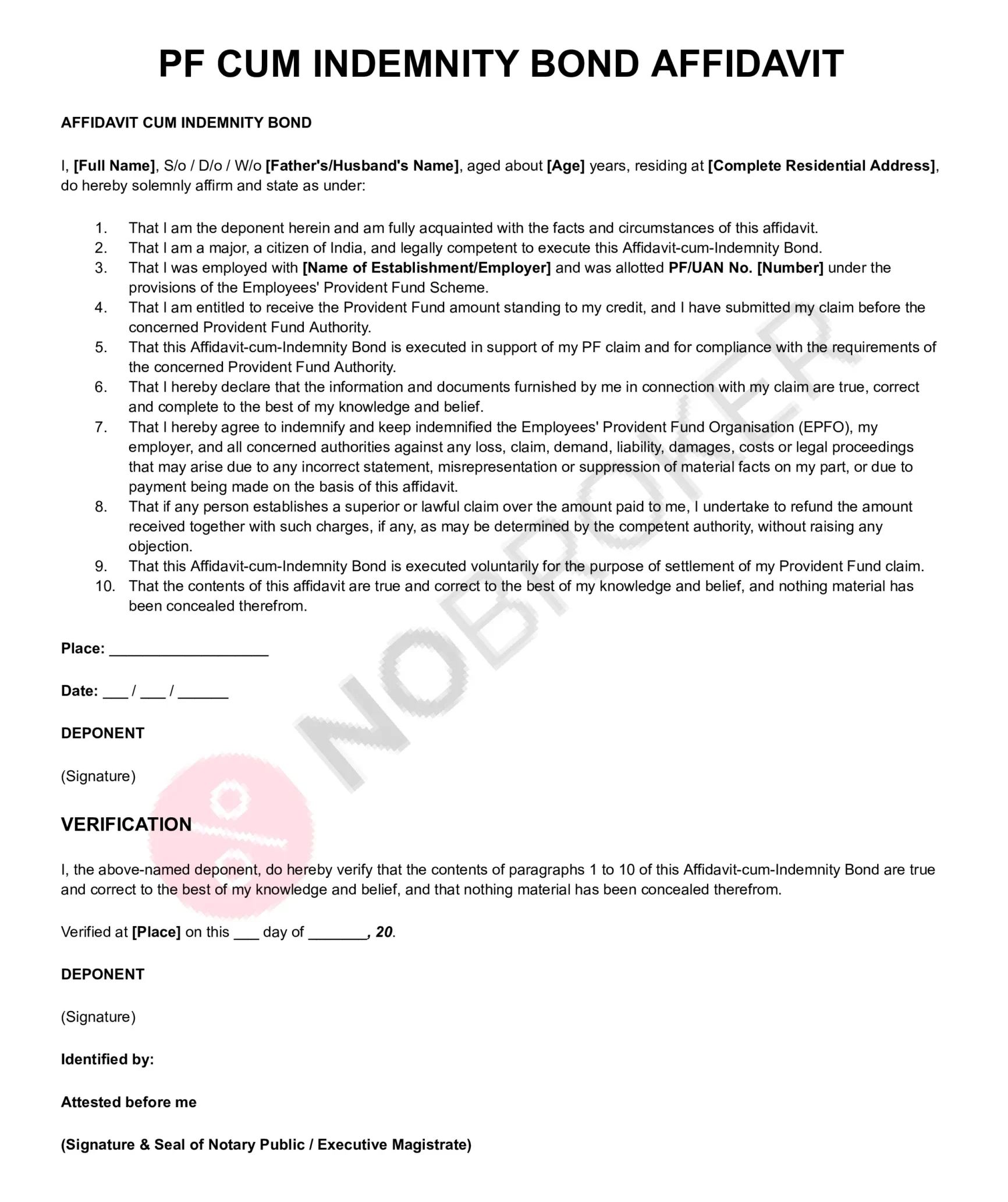 PF cum indemnity bond affidavit template with placeholders for personal, employer and PF/UAN details, indemnity declaration, verification, signature, and notary attestation.