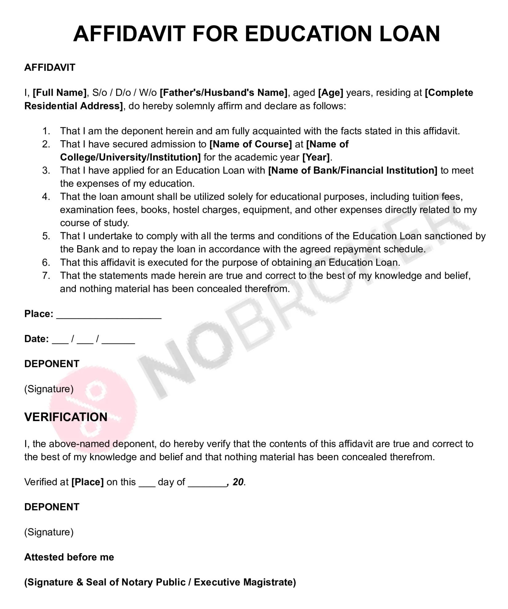 Affidavit for education loan template with placeholders for personal details, course and institution information, loan declaration, verification, signature, and notary attestation.