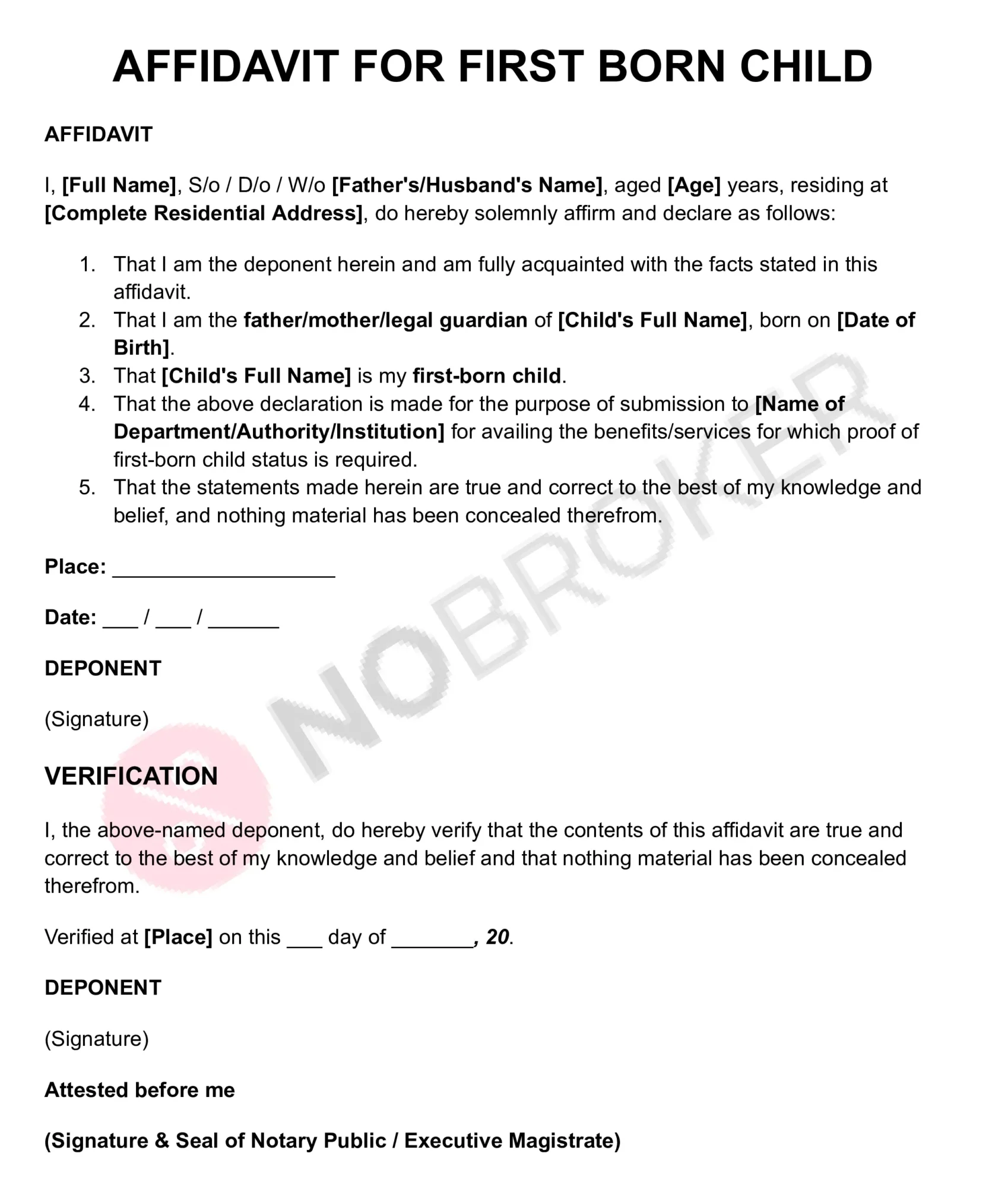 Affidavit for first-born child template with placeholders for parent or guardian details, child information, declaration, verification, signature, and notary attestation.